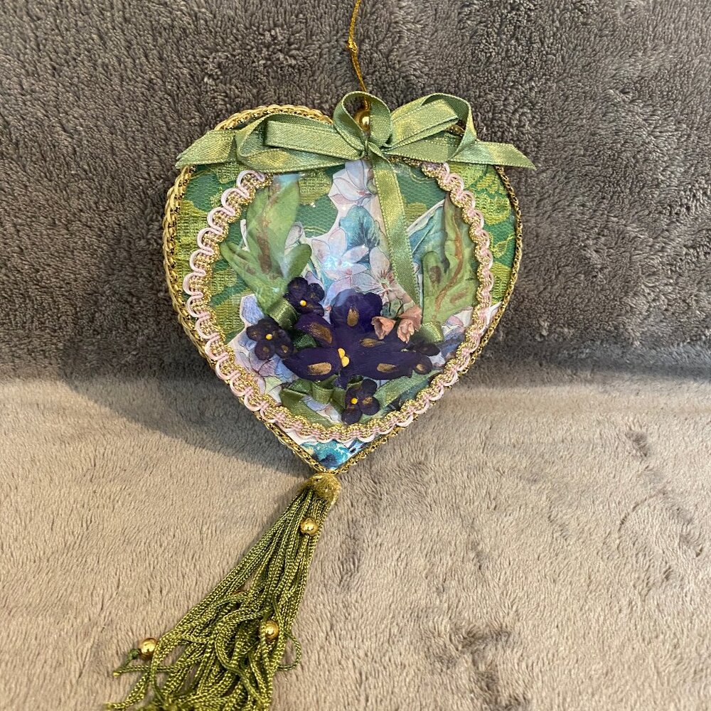 Wayne M. Kleski Vintage Wall Heart With Pressed Flowers Domed Tassel
